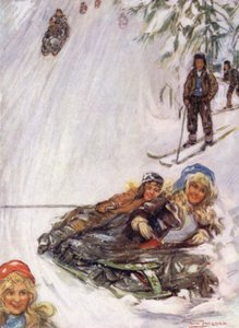 Norwegen: Mädchen auf umgestürztem Schlitten, Holmencollen von Nico Jungman