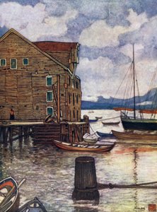 Norwegen: Altes Lagerhaus und Boote, Molde