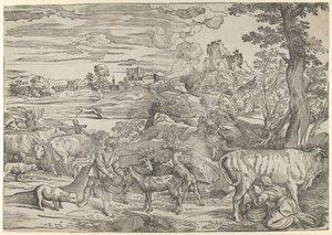 Landschaft mit Milchmädchen rechts und Junge links, ca. 1535-40