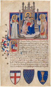 Madonna und Kind auf dem Thron zwischen den Heiligen Petronius und Alle (Eligius); Christus im Initial A