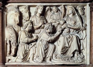 Anbetung der Heiligen Drei Könige, Fliese von der Kanzel mit Szenen aus dem Leben Christi von Nicola Pisano