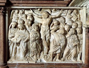 Italien, Toskana, Pisa, Piazza dei Miracoli, Kathedrale, Marmorkanzel, Tafel mit Kreuzigung