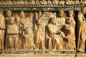 Relief, das die Genehmigung des Ordens durch Papst Innozenz III. darstellt von Nicola Pisano