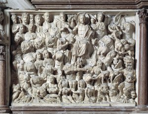 Das Jüngste Gericht (Jüngstes Gericht) Kanzel von Nicola Pisano (1215/20-1278/84) (Marmorkanzel) 1260 Baptisterium St. Johannes von Pisa (Battistero San Giovanni di Pisa), Italien von Nicola Pisano