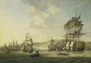 Die anglo-niederländische Flotte in der Bucht von Algier, die das Ultimatum zur Freilassung der christlichen Sklaven unterstützt, 26. August 1816 von Nicolaas Baur