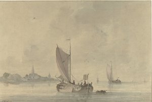 Segelboote auf dem Wasser vor einer holländischen Stadt von Nicolaas Wicart
