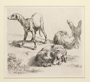 2 Radierungen aus dem Set Verschiedene Tiere, mit dem Mann unter den Bäumen, dem sogenannten Mann