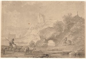 Schäfer und Fischer in einer südlichen Flusslandschaft