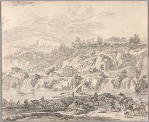 Landschaft mit Wasserfällen und Brücken, Bauern im Vordergrund