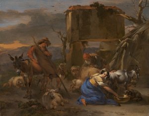 Pastorale Szene mit einer Schäferin, die eine Ziege melkt