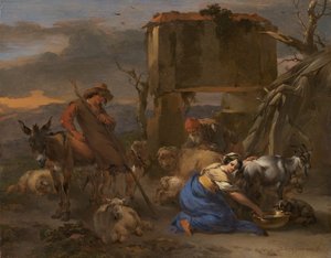 Pastorale Szene mit einer Schäferin, die eine Ziege melkt