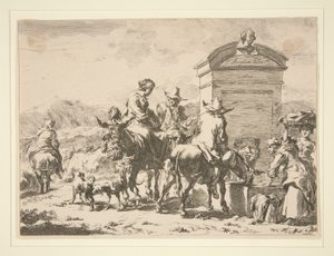 Ohne Titel - Genreszene mit Menschen auf Eseln und einem Grabstein von Nicolaes Berchem