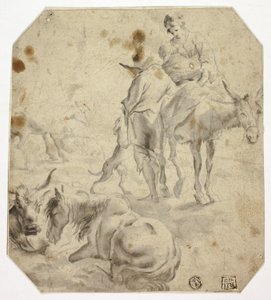Frau und Kind auf Esel, Mann, Hunde, Pferde