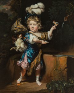 Junge mit Vogel und Hund an einem Brunnen