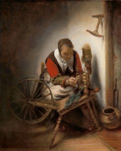 Die Spinnerin, ein Niddy-noddy an der Wand hängend