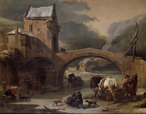 Winterlandschaft mit Bauern und Pferden auf einem gefrorenen Kanal bei einer befestigten Brücke, um 1660-70 von Nicolaes Pietersz. Berchem