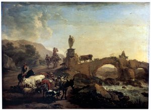 Italienische Landschaft mit einer kleinen Brücke, 1656 von Nicolaes Pietersz. Berchem
