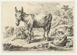 Landschaft mit Esel, Schafen, Ziege und Hirten von Nicolaes Pietersz Berchem