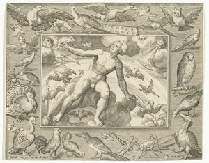 Element Luft als junger Mann auf Wolken zwischen fliegenden Vögeln (Aer) (Die vier Elemente) von Nicolaes de Bruyn