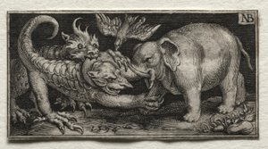 Elefant kämpft gegen zwei Bestien von Nicolaes de Bruyn