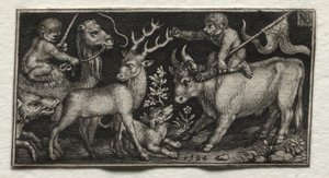 Affen reiten auf einem Kamel und einem Stier, 1594 von Nicolaes de Bruyn