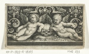 Zwei kämpfende Kinder, reitend auf Böcken, flankiert von Kindern, die Trompeten blasen von Nicolaes de Bruyn