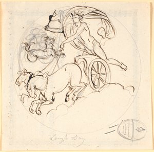 Apollo lenkt seinen Sonnenwagen hinab; oben das Sternzeichen Steinbock, eingerahmt von einem Kreis. Das Motiv stellt den längsten Tag dar