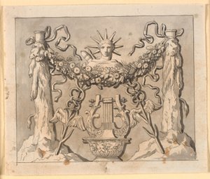 Dekorative Komposition mit Herakles-Säulen, Apollos Kopf und verschiedenen Attributen von Nicolai Abildgaard