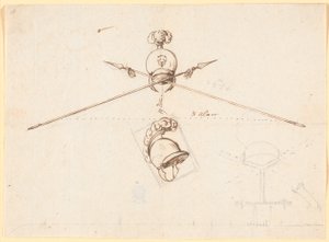 Dekorativer Entwurf. Ein Helm und zwei gekreuzte Speere u.a.