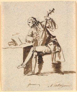 Der englische Dichter Gower, sitzend mit einer Laute an einem Tisch, auf dem Herodot aufgeschlagen liegt von Nicolai Abildgaard