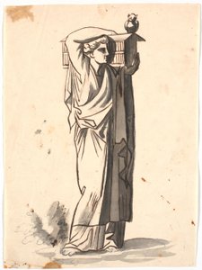 Eine Frauenfigur, die eine Lade auf der linken Schulter trägt