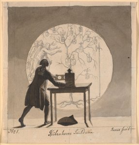 Ein Mann mit einer Laterna Magica zeigt einen abgestorbenen Stammbaum von Nicolai Abildgaard