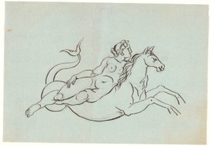 Eine nackte Frau liegt lässig auf einem Seepferdchen von Nicolai Abildgaard