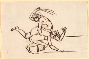 Eine sitzende nackte Figur, die eine Rute gegen das nackte Gesäß einer Frau schwingt