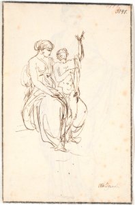 Sitzende junge Frau mit einem stehenden nackten Jungen, der einen Arm in die Luft streckt von Nicolai Abildgaard