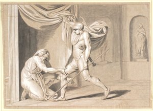 Ein Soldat findet Claudius, der Angst hat Kaiser zu werden, hinter einem Vorhang versteckt von Nicolai Abildgaard