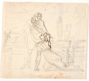 Eine junge Frau, die kniend einen nackten Helden flehend umarmt von Nicolai Abildgaard