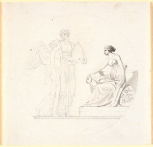 Eine junge Frau mit einem Bienenstock führt einen geflügelten jungen Mann zu einer sitzenden Frauenfigur von Nicolai Abildgaard