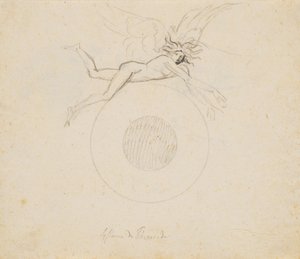 Ein geflügeltes Genie, schwebend über einer Kugel, angedeutet mit ein paar Kreisbögen von Nicolai Abildgaard