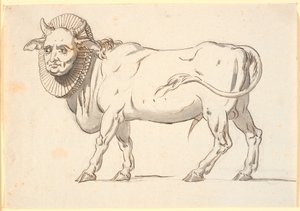 Karikatur einer geistlichen Person, in Gestalt eines Stiers mit Menschengesicht und Halskrause von Nicolai Abildgaard