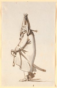 Karikatur eines Militärs in langem Mantel, reitend auf seinem Säbel wie auf einem Steckenpferd von Nicolai Abildgaard