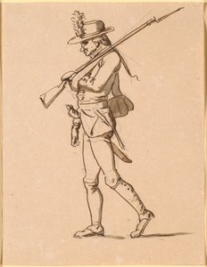 Karikatur eines Soldaten im Profil nach links. Sein linker Arm ist verbunden, trägt aber dennoch ein Gewehr. von Nicolai Abildgaard