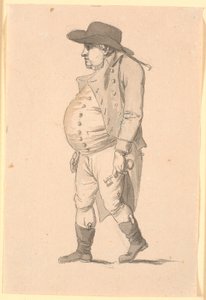 Karikatur eines dickbäuchigen Mannes, gehend nach links, mit einem großen Schlüssel in der linken Hand von Nicolai Abildgaard