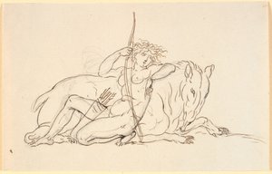Frauenfigur mit Pfeilen und Köcher, sitzend an ein Fantasietier gelehnt (möglicherweise ein Ameisenbär). Allegorie auf Amerika von Nicolai Abildgaard