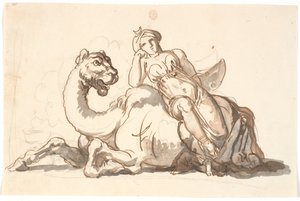 Frauenfigur mit Turban und Halbmond, sitzend an ein fantastisches Kamel gelehnt. Allegorie auf Asien von Nicolai Abildgaard