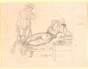 Lesbia und Catullus. Lesbia liegt und hält einen Vogel in der linken Hand. Catullus steht dahinter