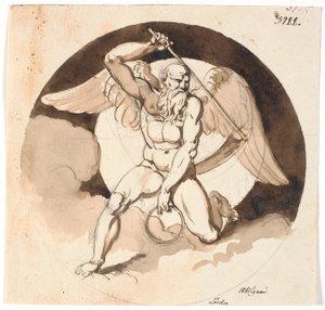 Samstag. Figur des geflügelten Mannes der Zeit oder des Todes, mit einer Sense in der einen Hand und einem geschlossenen Ring in der anderen
