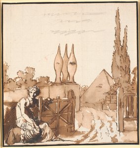 Das Ziel des Lebenslaufs. Allegorische Zeichnung. Eine Frau öffnet das Tor zu einem Friedhof mit Metä und Pyramide von Nicolai Abildgaard
