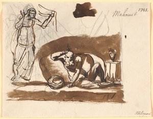 Muhamed, sitzend zwischen Kissen, links eine Frauenfigur von Nicolai Abildgaard