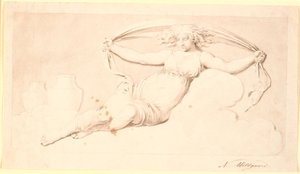 Die Nacht, eine ruhende Frauenfigur. Ausgeführt als Grisaille. Gleiche Komposition wie Td 542,38 jedoch ohne Flügel und mit offenem Haar